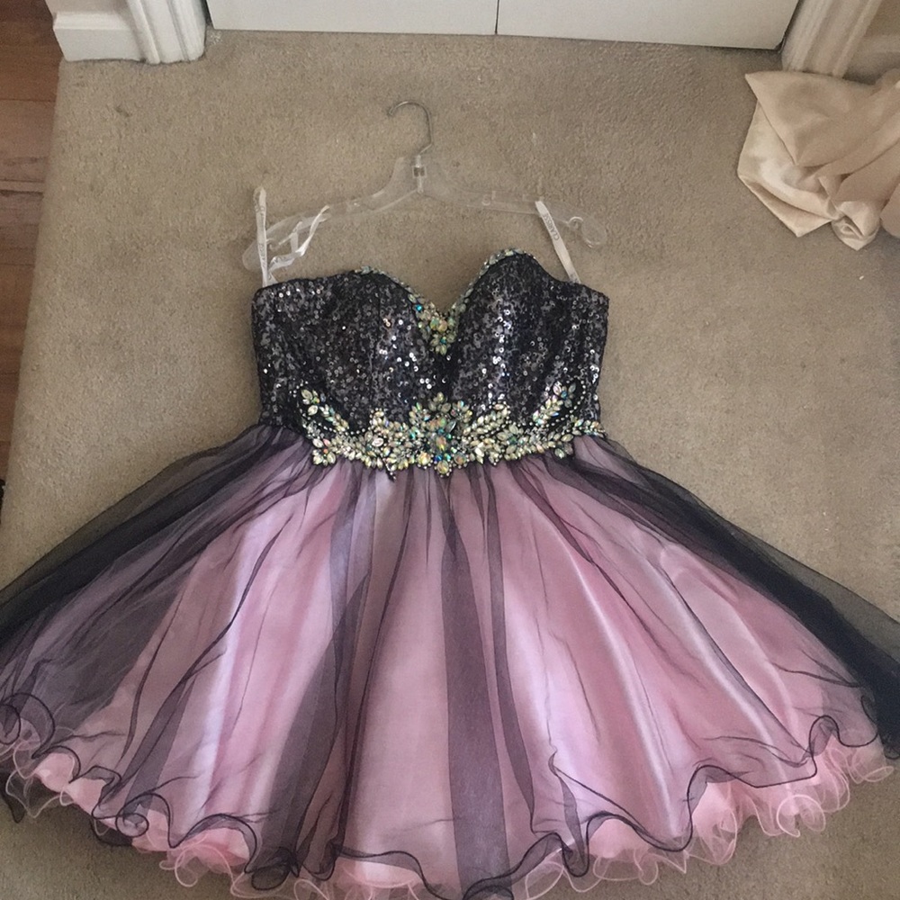 Bedazzled pink and black short homecoming dress